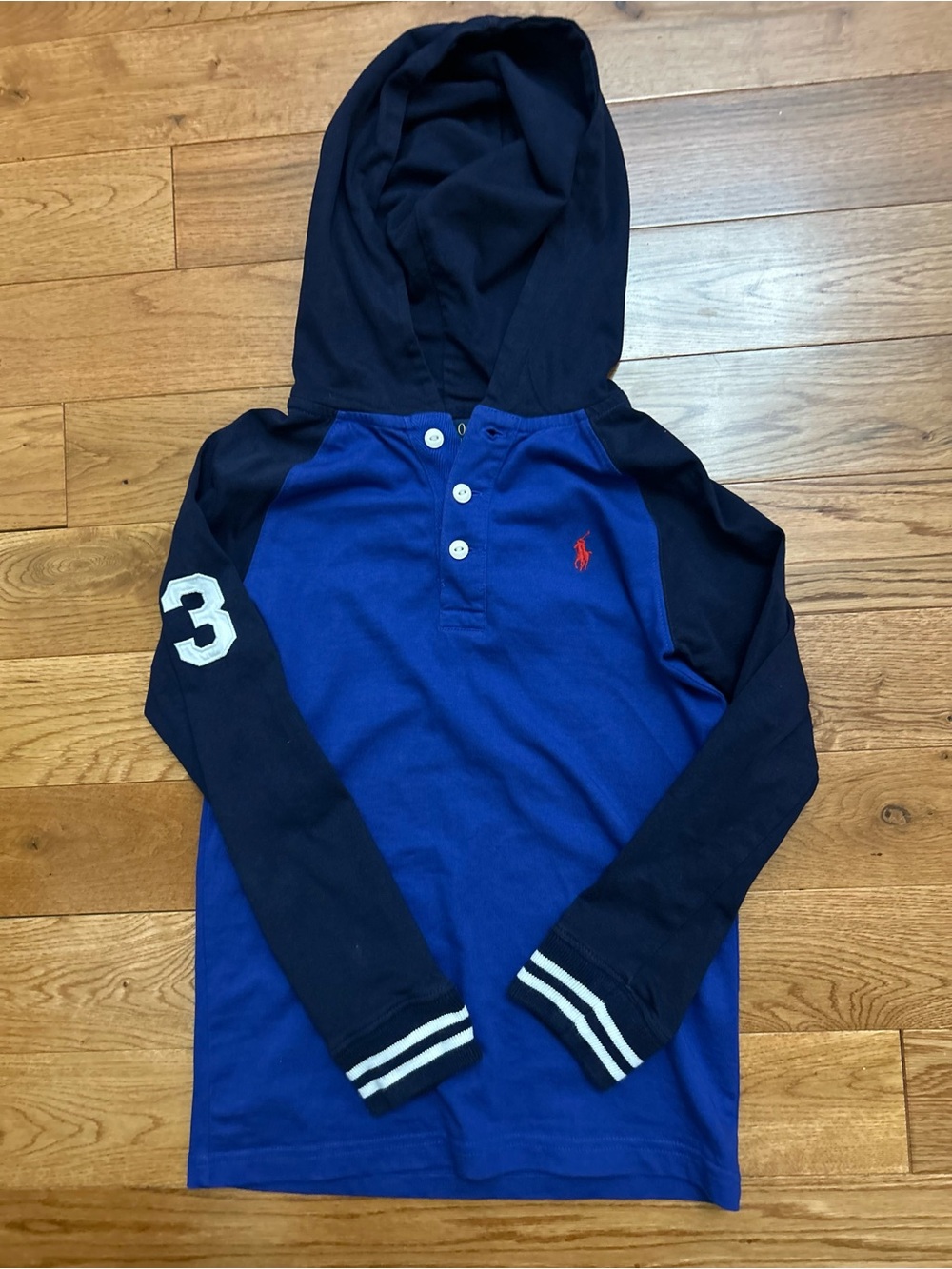 Polo Ralph Lauren Boys Size 8 S Hooded Henley Shirt Blue Navy Big Pony 3